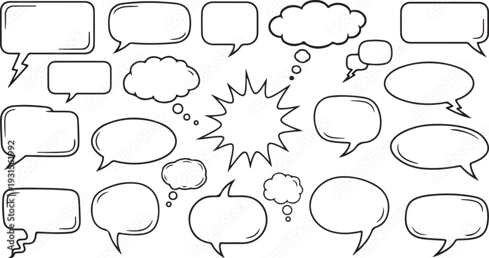 Fototapeta premium Assorted speech bubbles and thought clouds in various shapes and sizes isolated on transparent background