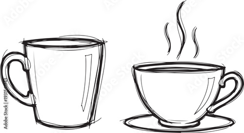 Illustration of two cups, one with a saucer and steam, the other without. isolated on transparent background