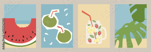 Set of posters with summer attributes. Fruit slices, coconats, watermelon, beach, plants. Vector illustration.