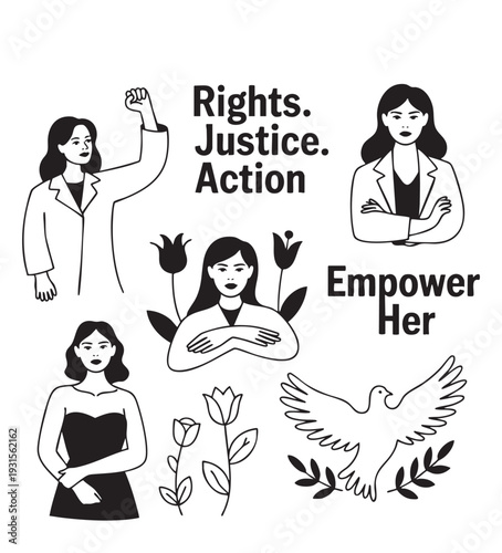 Black and white of women empowerment with text and symbols rights