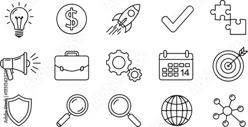 A collection of icons representing various business and productivity concepts isolated on transparent background