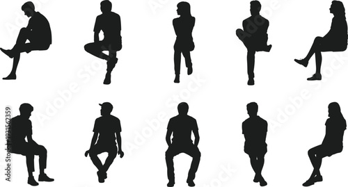 Collection of silhouettes of people sitting in various poses on a white background vector illustration