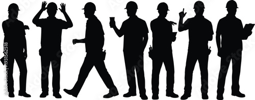 Construction workers in silhouette with tools and safety helmets on white background hard hats