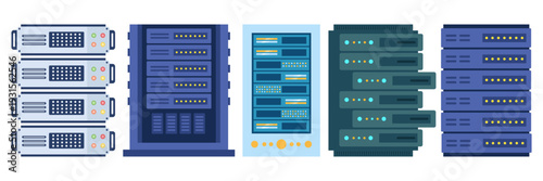 Flat Illustration Set of Data Servers and Network Equipment in Racks
