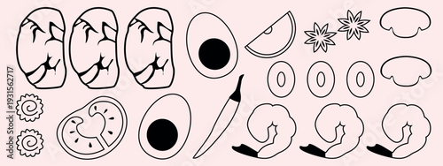 Ramen ingradients doodle icons. Eggs, shrimps, meat, carrot, tomato, mushrooms. Vector illustration.