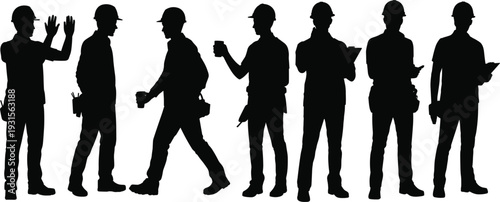 Construction workers in silhouette with tools and safety helmets on white background hard hats
