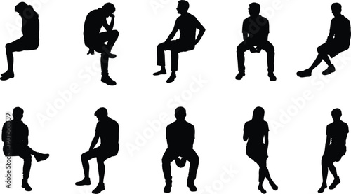 Diverse group of people in silhouette sitting in various poses on white background Keywords: sitting, silhouette, people, man