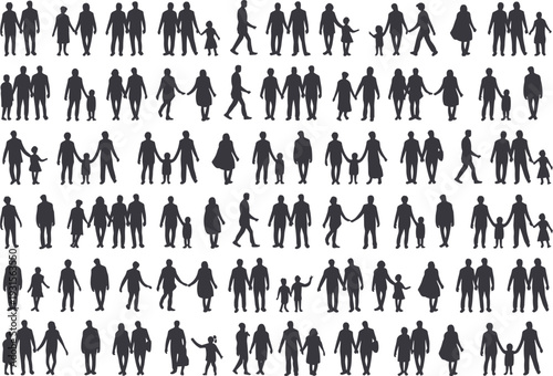 Diverse Silhouettes of People Holding Hands in Various Family and Group Formations vector illustration