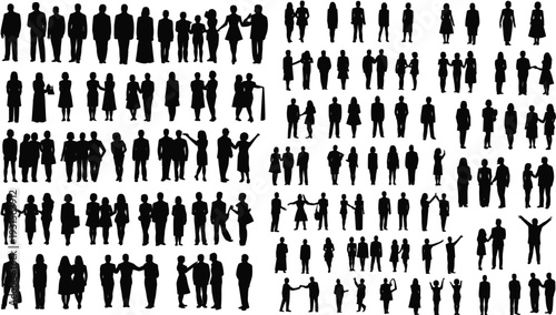 Extensive collection of diverse people silhouettes in various poses and interactions on white background Keywords: people