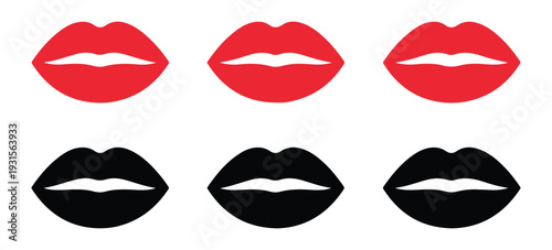 Set of red and black lips vector icons, various closed mouth shapes for beauty and fashion designs