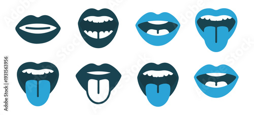 Various blue lips and tongue vector icons showing different expressions and open mouth shapes