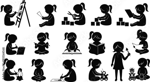 Little girl silhouette icons set showing various educational activities including reading books, painting on easel, playing with blocks and drawing