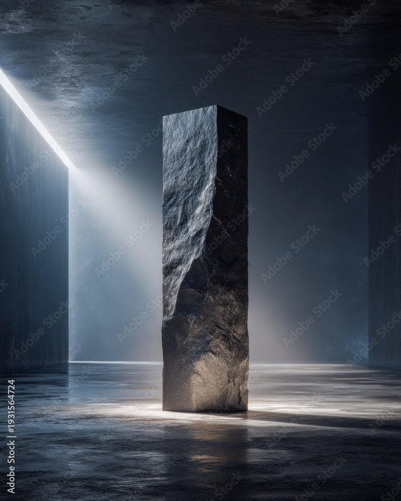 Obraz premium Massive obsidian column in dim minimalist room, abstract symbol of strength and support