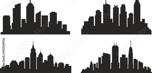 Four Black Silhouettes of City Skylines with Tall Buildings on White Background urban architecture