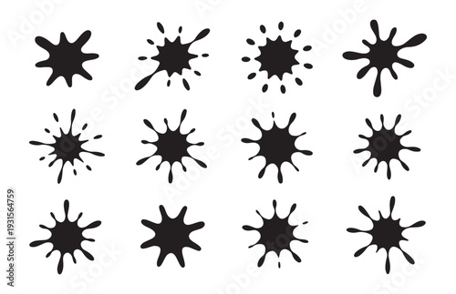 Set of twelve varied black ink splatters with radial and irregular shapes against a clean white background