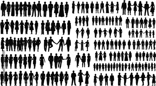 Large collection of diverse people silhouettes walking and standing in groups on white background Keywords: people, silhouettes