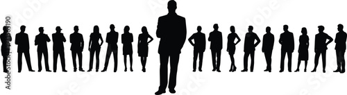 Silhouette of a group of people standing in a line with a man in front vector illustration