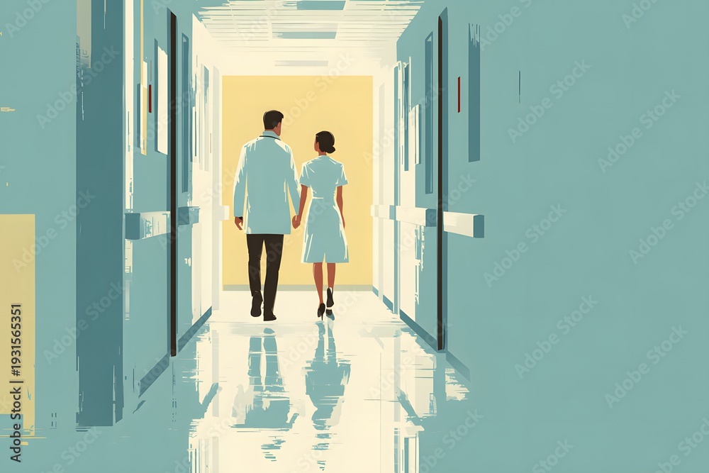 Fototapeta premium 2D vector art of a doctor and a nurse walking in a hospital corridor