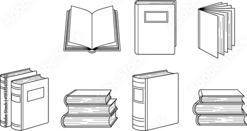 Book Icon Set Open and Closed Hardcover Stack Outline Vector Collection