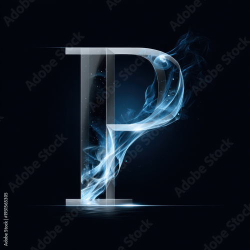 Letter P typography alphabet smoke blue black background, glowing vapor swirl around metallic character on dark backdrop