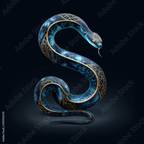 Blue snake reptile scale gold pattern coil isolated on dark background, glossy ornamental serpent with geometric detail
