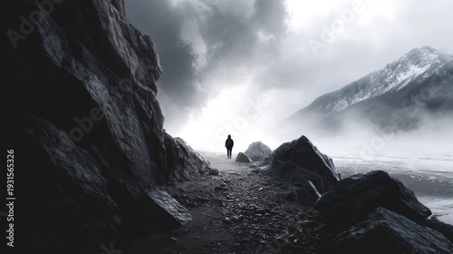 Mountain fog shore winter cloud silhouette solitude, lone person walking on wet stone path beneath dark sky