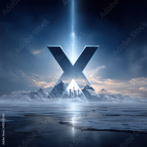 Letter x monolith ice mountain beam skyline above frozen lake, city and peak under starry night, futuristic mood