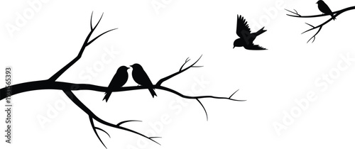 Silhouette of Birds on a Tree Branch with One Bird in Flight Keywords: birds, silhouette, branch, tree, flying, perched, nature