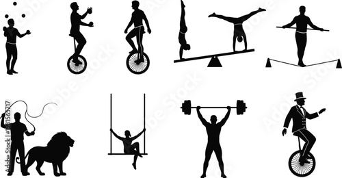  Circus performers black silhouette collection including juggler, unicycle riders, tightrope walker, lion tamer, strongman, trapeze artist, and acrobats on white background.