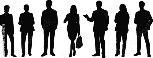 Silhouettes of Seven Business People Standing in a Row on a White Background Keywords: business, people, silhouette, group