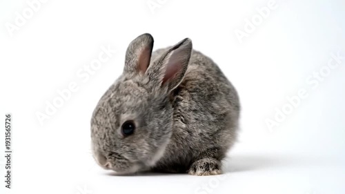 A small grey rabbit sits on a white background, captured from the side. Soft fur detailed