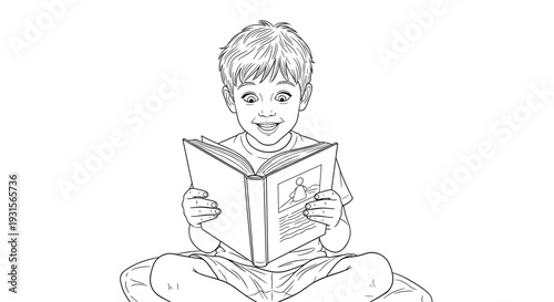 Happy little boy reading book while sitting cross legged