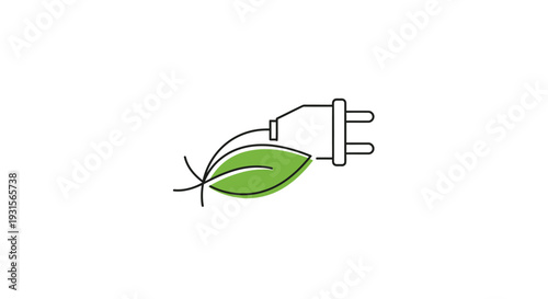 Green electric plug with leaf representing renewable energy usage, eco power connection and sustainable electricity concept, clean energy symbol illustration, environmentally friendly power supply ico