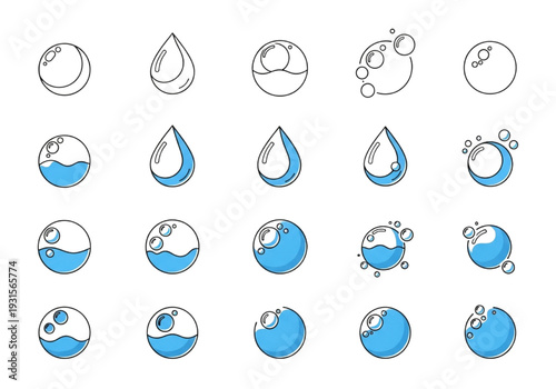 Floating air bubble and liquid drop icons for soap and hygiene