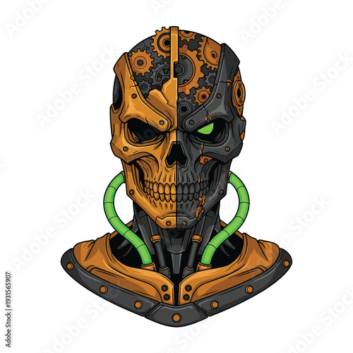 Dual-Faced Cyborg Skull with Gears and Green Eye - Steampunk & Cyberpunk Robot Head Illustration