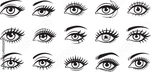 A diverse collection of stylized eyes showcasing various expressions and appearances isolated on transparent background