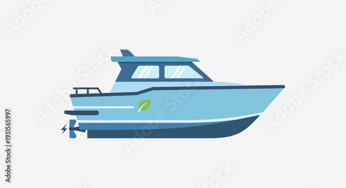 Modern eco friendly electric boat with leaf symbol, sustainable marine transport illustration, green mobility water vehicle concept, clean energy boat design, environmentally friendly shipping solutio