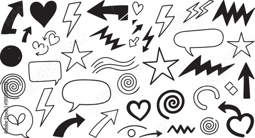 Assorted black and white symbols and icons on a white background isolated on transparent background