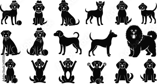 Black silhouette collection of cute dogs and puppies wearing hats, sitting, playing with balls, and standing in various adorable poses.