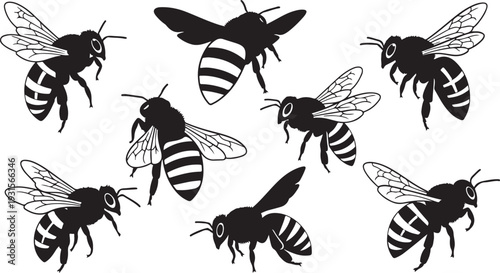 A diverse collection of bees showcasing various species and behaviors in nature isolated on transparent background