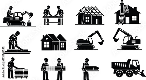Construction worker and heavy equipment silhouette set isolated on white background, building process icons featuring excavator, house framing, roofing, paving, and transportation concept