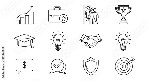 Business Icons Set Doodle Style With Growth Chart and Trophy.