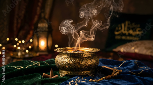 Traditional Golden Incense Burner with Smoke for Ramadan and Eid Mubarak Celebration, Islamic Home Decor and Spiritual Atmosphere