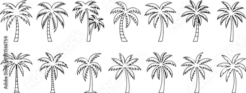 A collection of palm trees in various stages of growth and styles isolated on transparent background