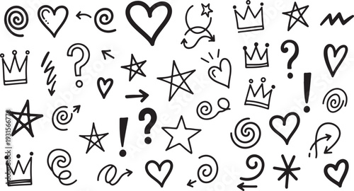 A diverse collection of black and white symbols and icons arranged in a grid pattern isolated on transparent background