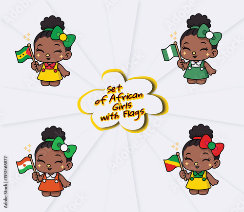 Cute African girls holding country flags in kawaii cartoon style.