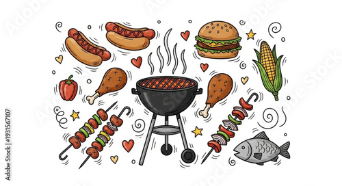 Barbecue food and grill illustration with various items.