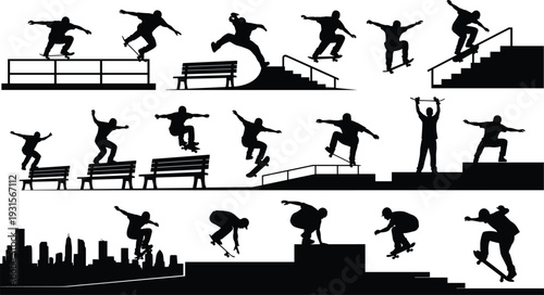 Black silhouette collection of skateboarders performing tricks on ramps, benches, stairs, and city streets featuring various jumps, grinds, and flips.