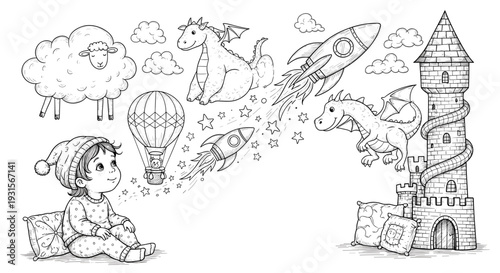 Little girl reading book with fantasy doodles background