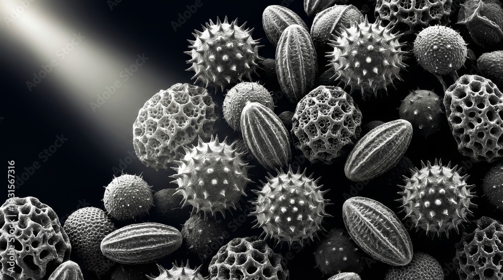 Obraz premium Microscopic view of diverse fungal spores and pollen grains